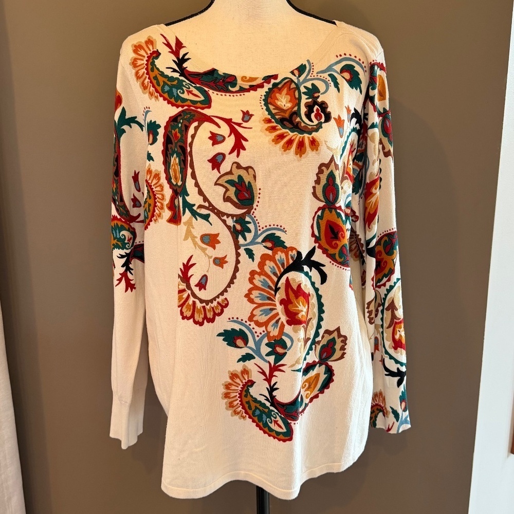 Chico's Lava Falls Floral Vine Pullover Sweater, Lightweight, Size XL